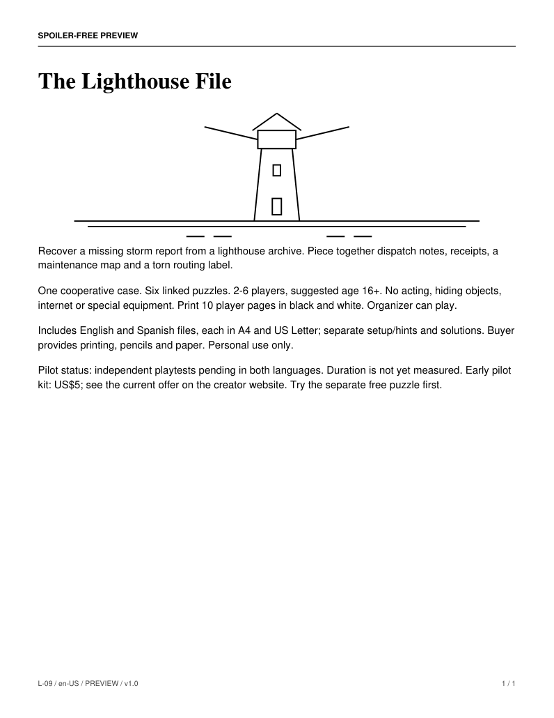 Spoiler-free preview page of The Lighthouse File